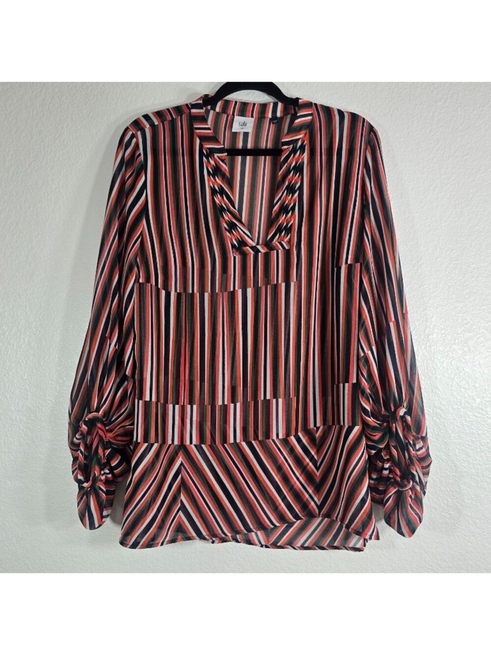 Cabi Sheer Stripe Tunic Top Women Medium Balloon Sleeve Oversized Casual